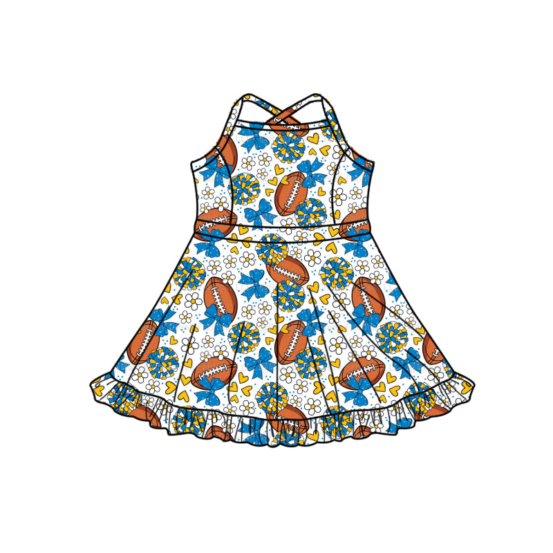 Preorder (moq 5)Baby Girls Strap Blue Bow Footballs Team Shorts Ruffle Knee Length Dress