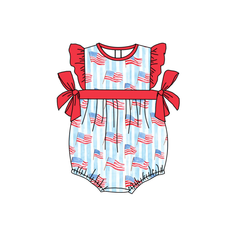 Preorder moq 5 Baby Girls Red Flutter Sleeves Blue Stripe Flags 4th Of July Ruffle Rompers