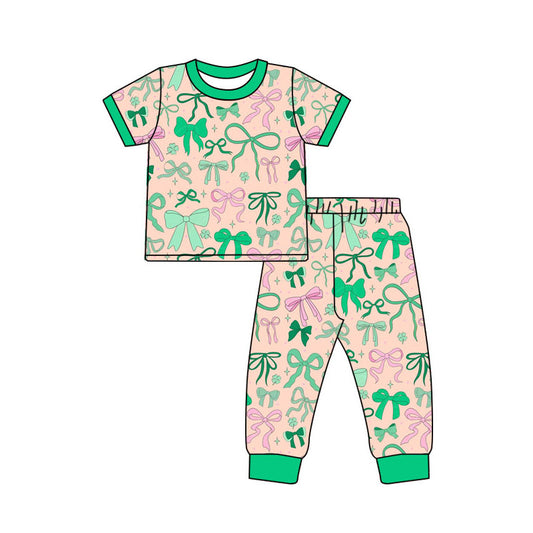 Preorder(moq 8)Baby Girls Green Pink Bows Clovers Top Pant St Patrick Pajamas Sets