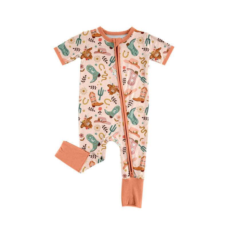 Preorder (moq 5)Baby Girls Peach Short Sleeves Highland Cows Boots Zipper Rompers