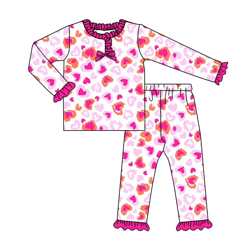 Preorder (moq 20)Baby Girls Bamboo Pink Hearts Leopard Valentine Ruffle Pajamas Sets