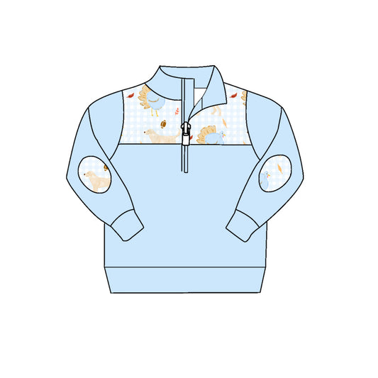 Preorder (moq 5)Baby Boys Blue Long Sleeve Dogs Turkey Footballs Zip Pullovers Top