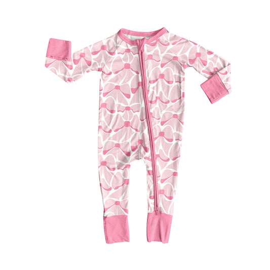 Preorder(moq 8)Baby Girls Pink Bows Plaid Valentine Zipper Footie Rompers