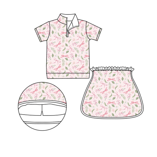 Preorder (moq 5)Baby Girls Pink Flowers Bows Zip Pullovers Top Skort Shorts Clothes Sets