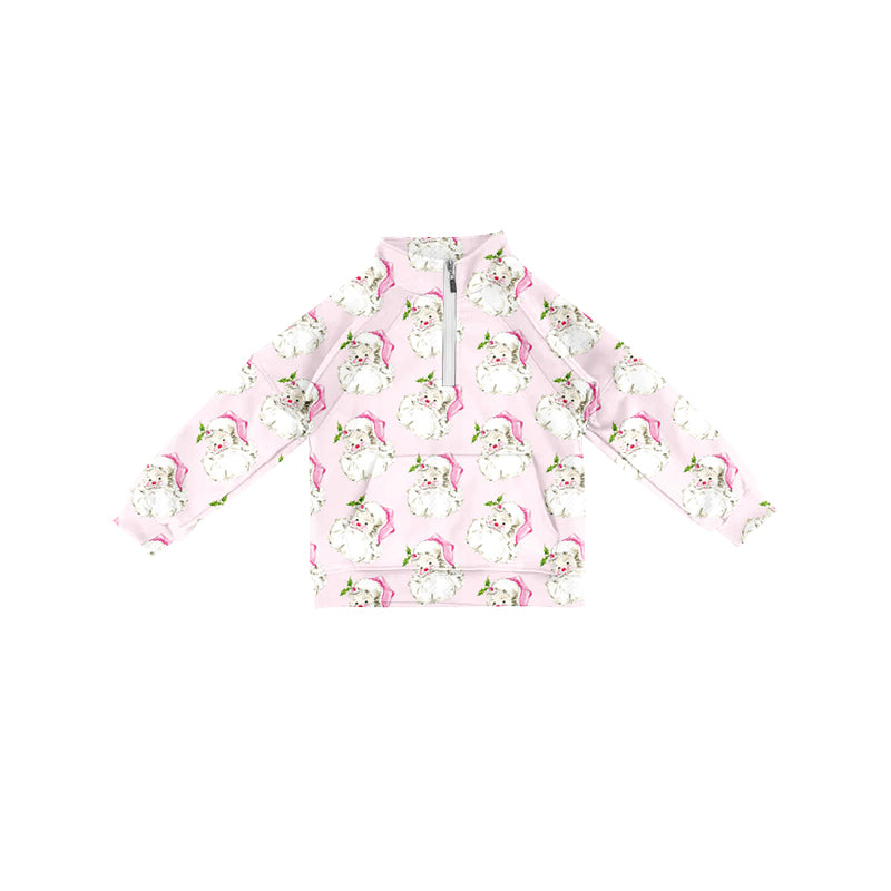 Preorder (moq 5)Baby Girls Long Sleeves Pink Santa Plaid Pocket Zipper Pullovers Top