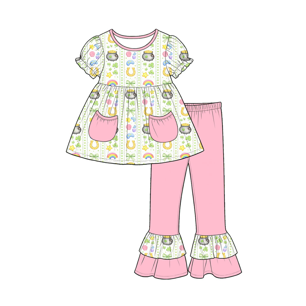 Preorder (moq 5) Baby Girl Clothes St Patrick Pot Gold Horseshoe Rainbow Print Short Sleeve Tunic Top Ruffle Flare Pant Set
