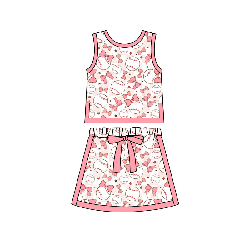 Preorder moq 5 Baby Girls Bows Baseballs Checked Vests Skirt Shorts Team Clothes Set