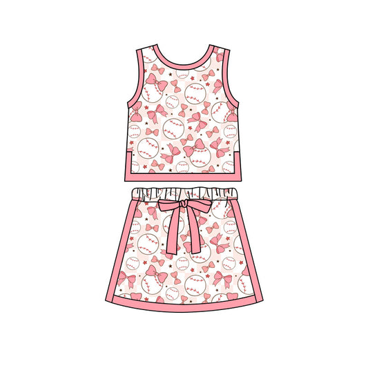 Preorder moq 5 Baby Girls Bows Baseballs Checked Vests Skirt Shorts Team Clothes Set