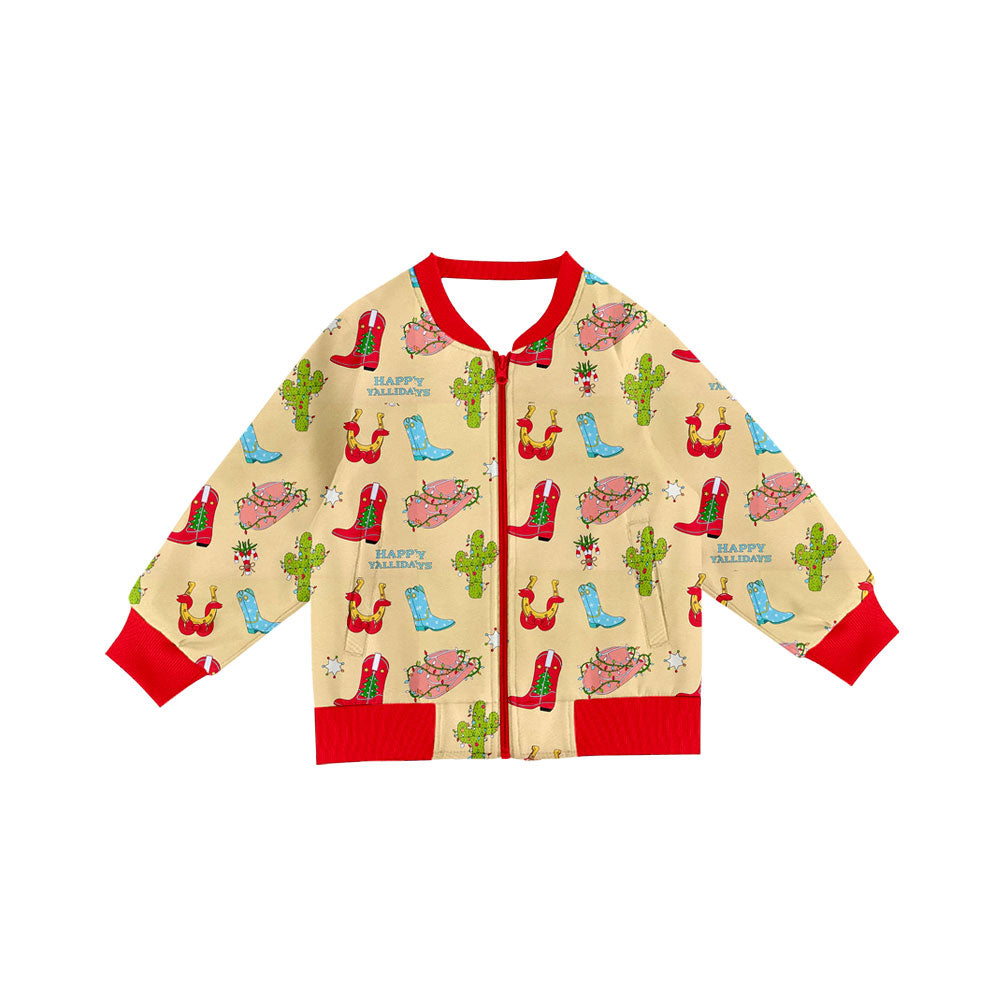 Preorder(moq 8)Baby Girls Lights Cactus Boots Christmas Pockets Zip Jackets Top