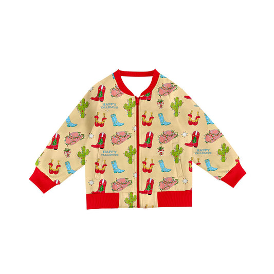 Preorder(moq 8)Baby Girls Lights Cactus Boots Christmas Pockets Zip Jackets Top