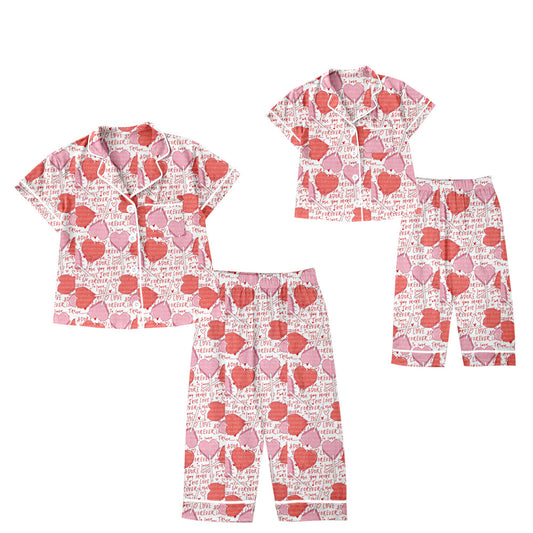 Preorder (moq 5 each) Family Women Baby Girls Pink Valentines Hearts Buttons Top Pants Pajamas Clothing Sets