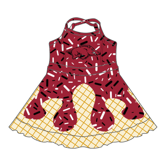 Preorder (moq 5)Baby Girls Drip Sprinkles Red Arkansas Team Shorts Ruffle Knee Length Dress