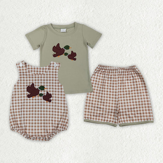 Sibling Baby Boys Embroidery Ducks Top Checked Short Hunting Clothes Set Rompers