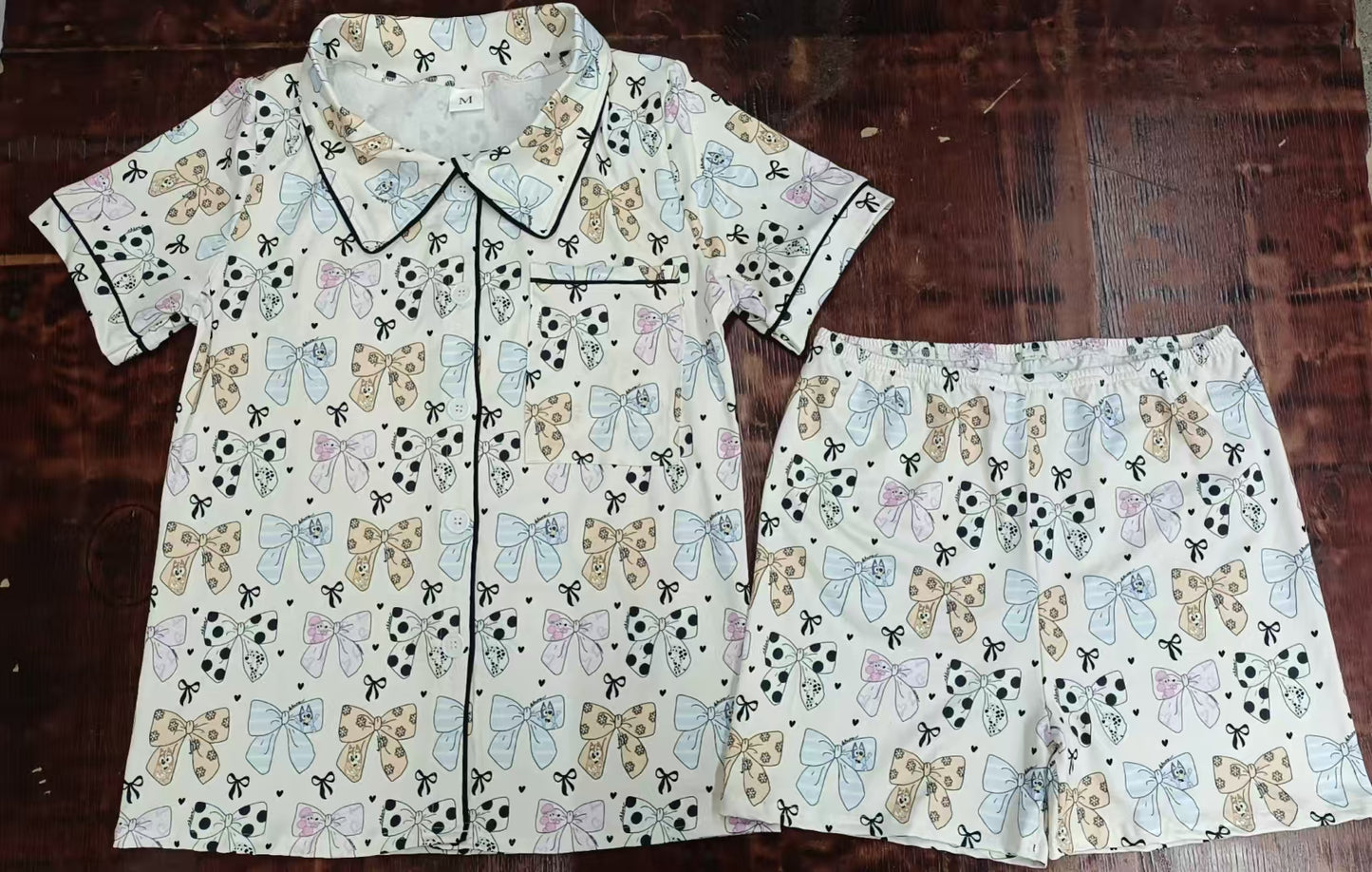 Preorder moq 5 Adult Women Colorful Bows Button Pocket Top Short Pajamas Set