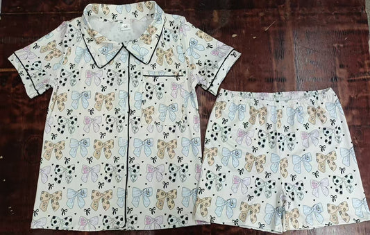 Preorder moq 5 Adult Women Colorful Bows Button Pocket Top Short Pajamas Set