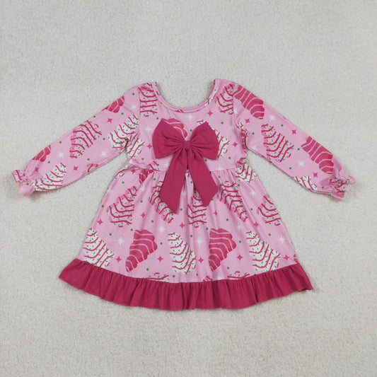 Baby Girls Pink Stripe Trees Stars Bow Christmas Ruffle Knee Length Dresses
