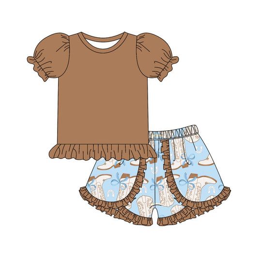 Preorder moq 5 Baby Girls Brown Short Ruffle Sleeves Tunic Bows Boots Ruffle Short Set