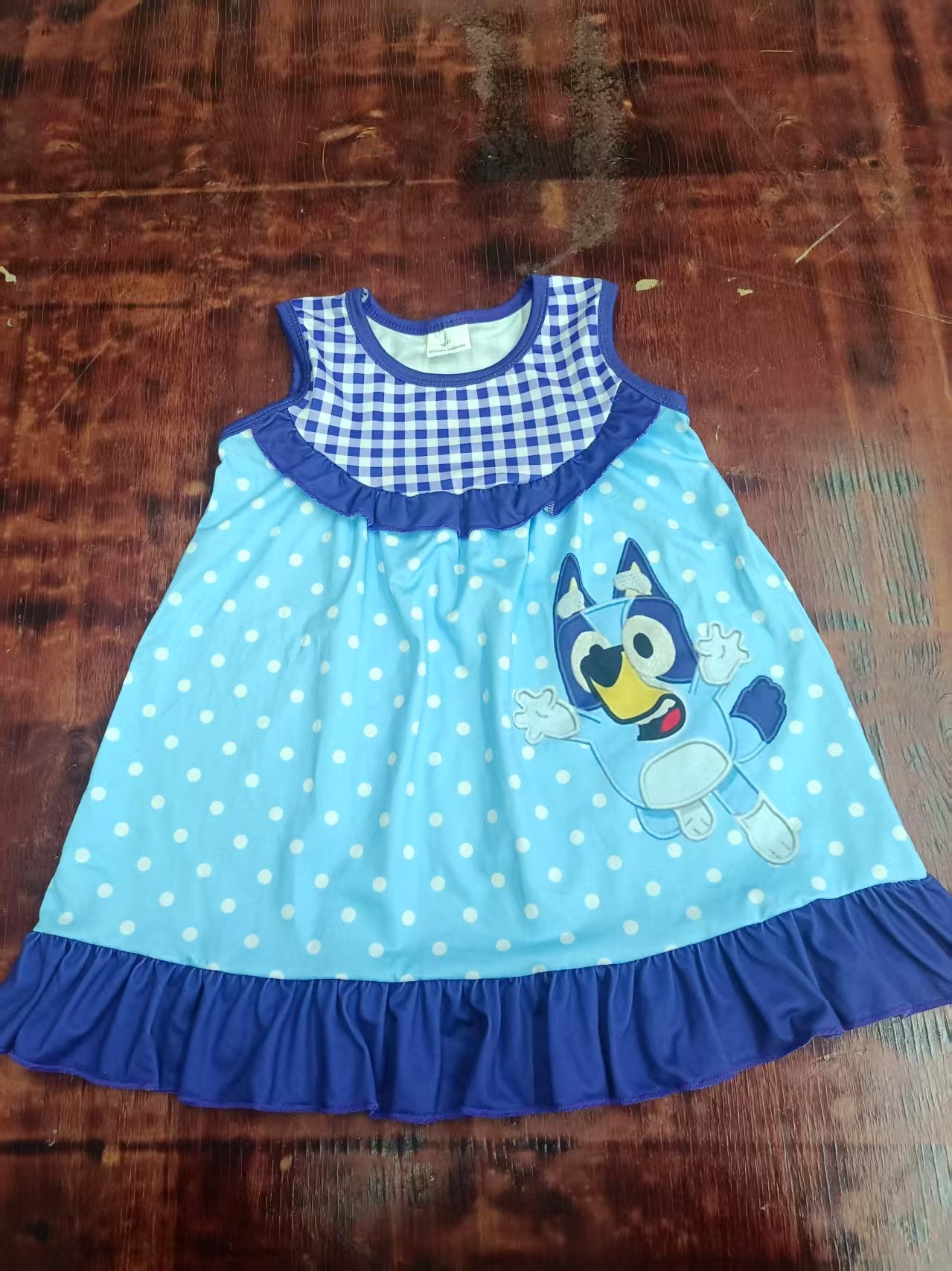 Preorder moq 5 Baby Girls Sleeveless Cartoon Dogs Blue Polka Dots Knee Length Dress