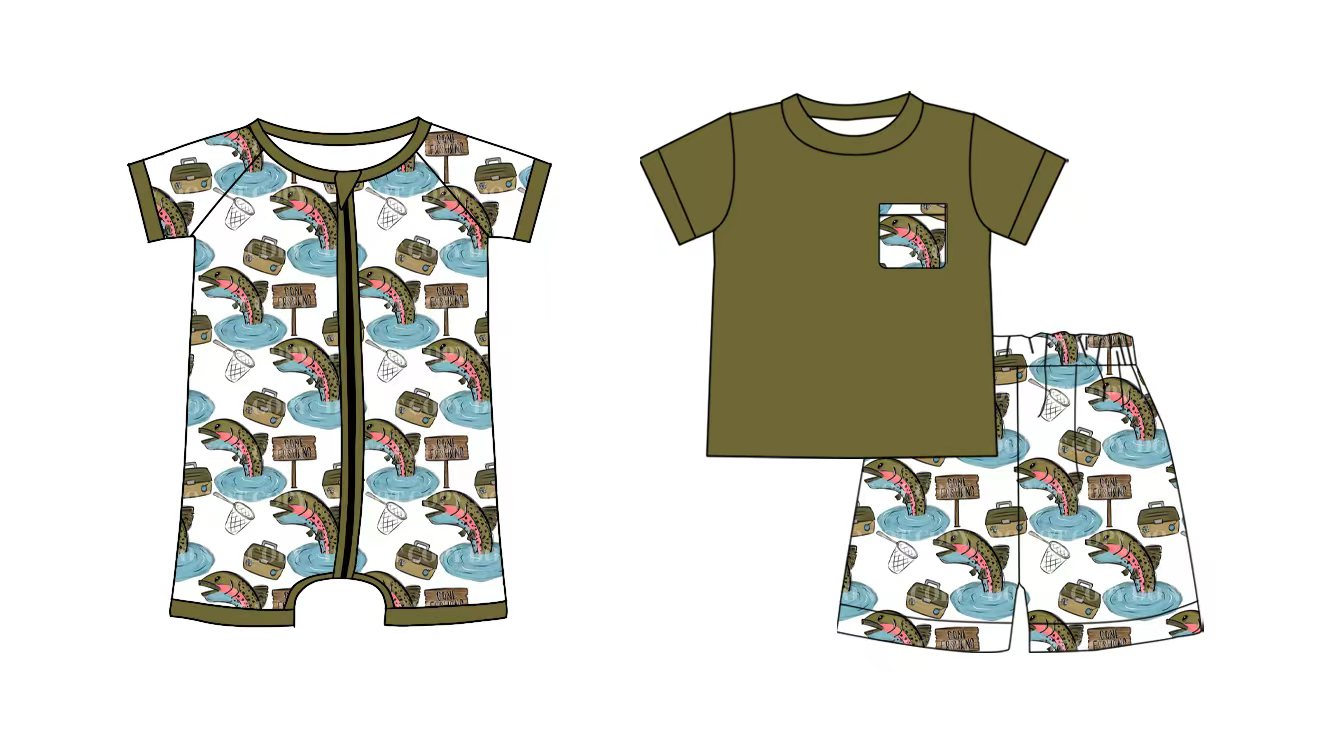 Preorder moq 5 (each item)Baby Boys Fish Boxes Pocket Top Shorts Hunting Clothes Set Zipper Romper