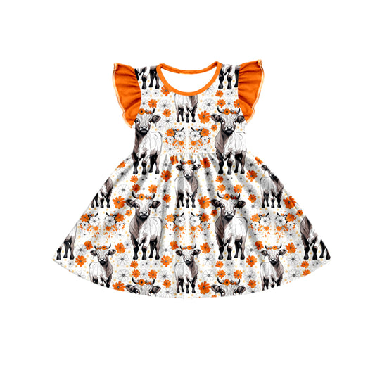 Baby Girls Flutter Sleeve Orange Cow Flowers Knee Length Dresses preorder (moq 5)