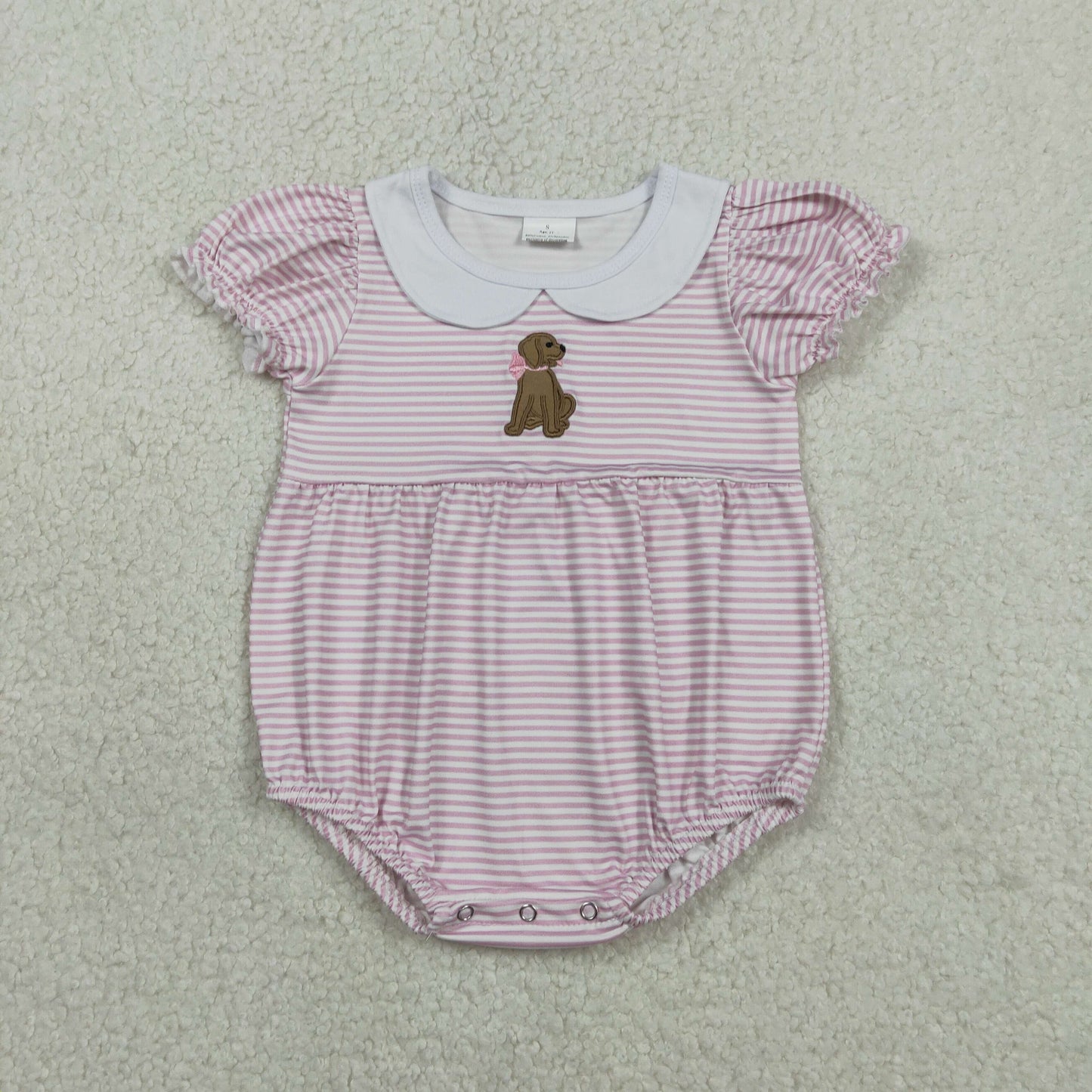Embroidery Bow Dogs Baby Girls Pink Stripe Collar Ruffle Rompers