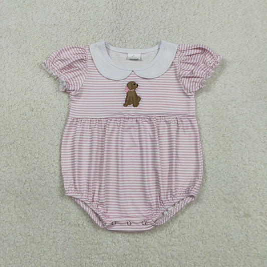 Embroidery Bow Dogs Baby Girls Pink Stripe Collar Ruffle Rompers