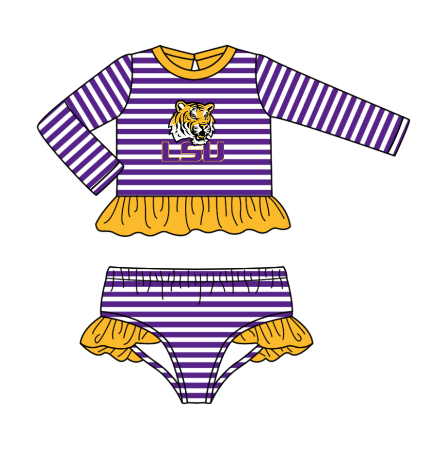 Preorder moq 5 Baby Girls Purple Stripe LSU Tigers Top Bummies Shorts Team Swimsuits