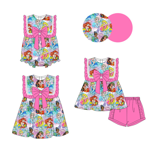 Preorder moq 5 Custom Baby Girls Pink Sleeveless Cartoon Princess Bow Tunic Ruffle Short Set Knee Length Dress Rompers