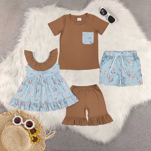 Sibling Baby Kids Dogs Ducks Top Shorts Set