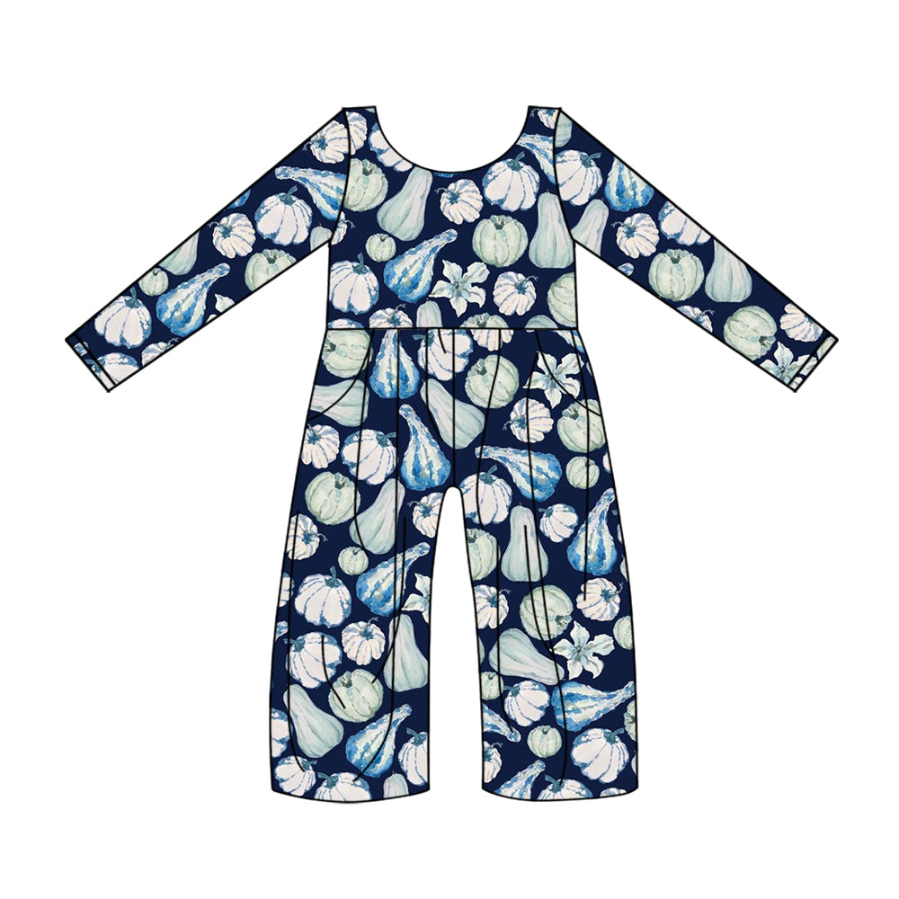 Baby Girls Blue Pumpkin Long Sleeve Pockets Jumpsuits Preorder(moq 5)