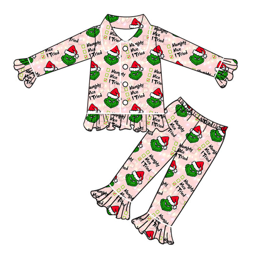 Baby Girls Christmas Green Face Buttons Top Ruffle Pants Pajamas Clothes Sets Preorder(moq 5)