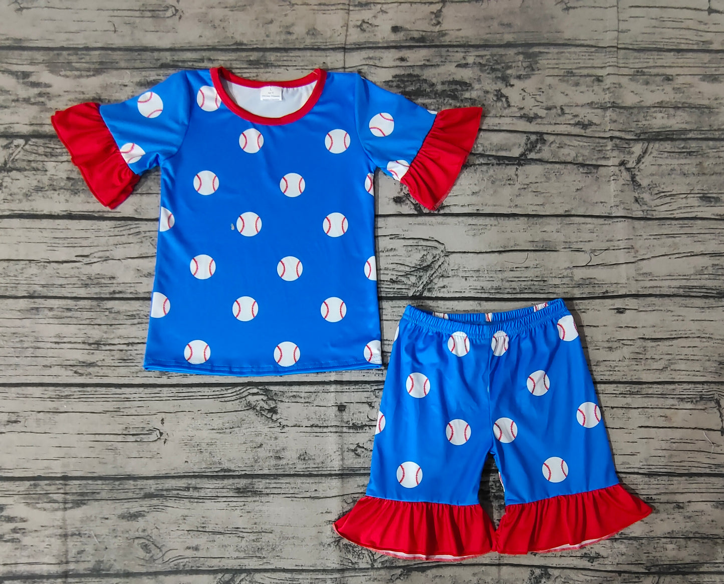 Baby Girls Blue Baseball Ruffle Tee Tops Shorts Pajamas Clothing Sets