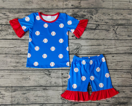 Baby Girls Blue Baseball Ruffle Tee Tops Shorts Pajamas Clothing Sets