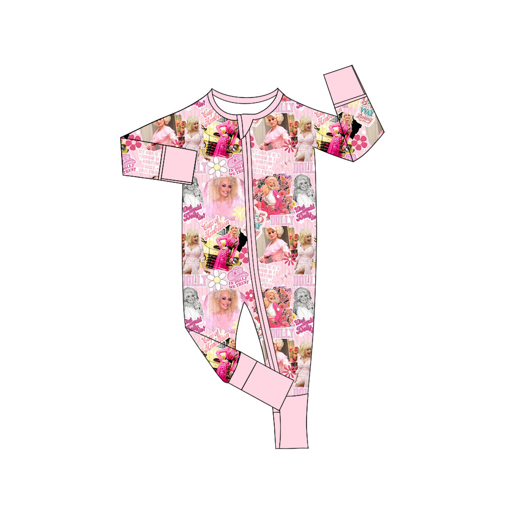 Baby Toddler Girls Pink Singer Flowers Long Sleeve Zip Rompers preorder(moq 5)