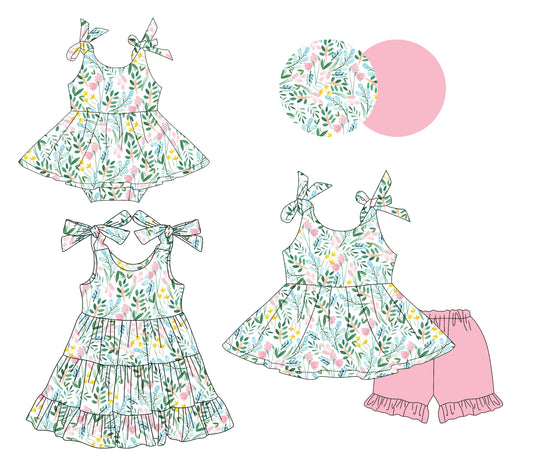 Preorder moq 5 Custom Baby Girls Floral Tunic Pink Ruffle Short Set Knee Length Dress Bummies Dress Rompers