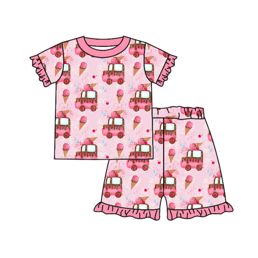 Baby Girls Pink Popstick Car Shirt Ruffle Shorts Pajamas Clothes Sets preorder(moq 5)