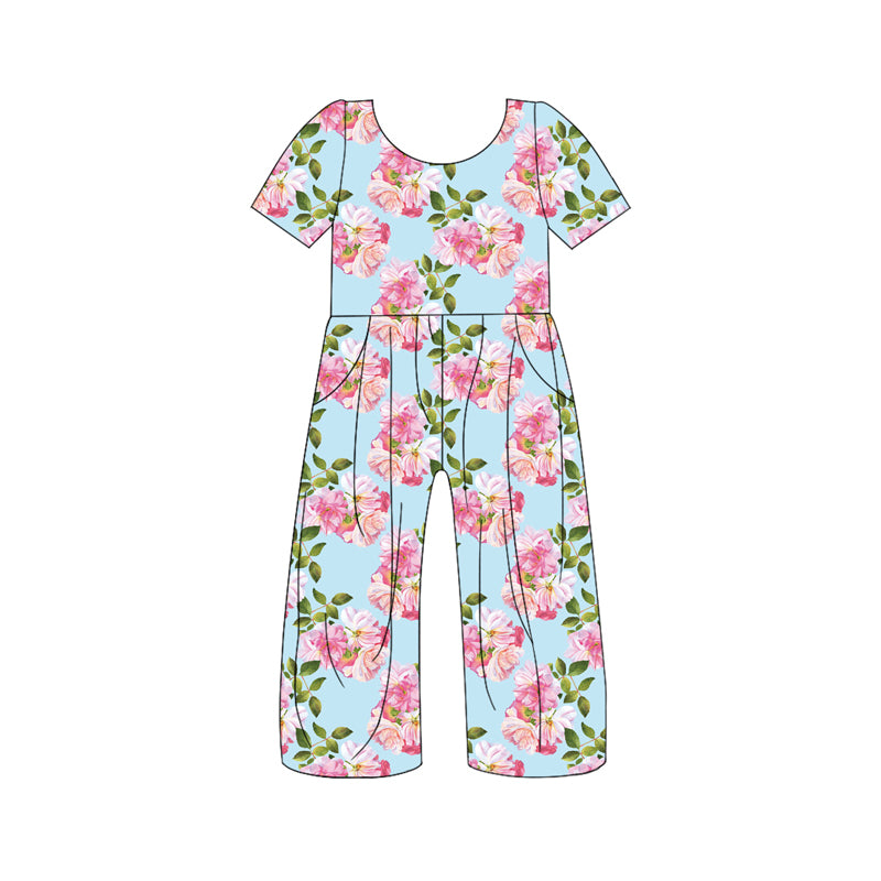 Baby Girls Blue Pink Flowers Spring Pockets Jumpsuits preorder(MOQ 5)