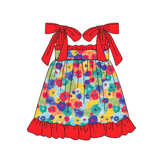 Baby Girls Colorful Flowers Straps Summer Ruffle Knee Length Dresses preorder (moq 5)