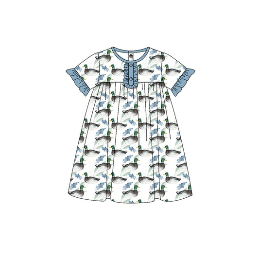 Baby Girls Blue Mallard Ducks Short Sleeve Knee Length Dresses Preorder(moq 5)