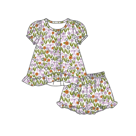 Preorder moq 5 Baby Girls Colorful Floral Button Tunic Ruffle Shorts Clothes Set