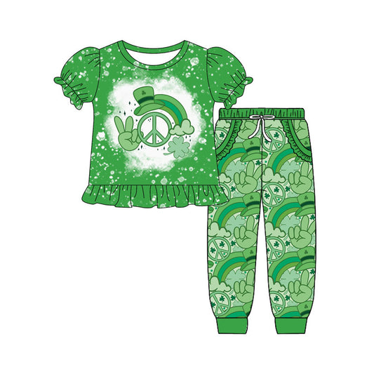 Preorder(moq 8)Baby Girls Green Hats Clovers Top Pockets Jogger Pants St Patrick Clothes Sets