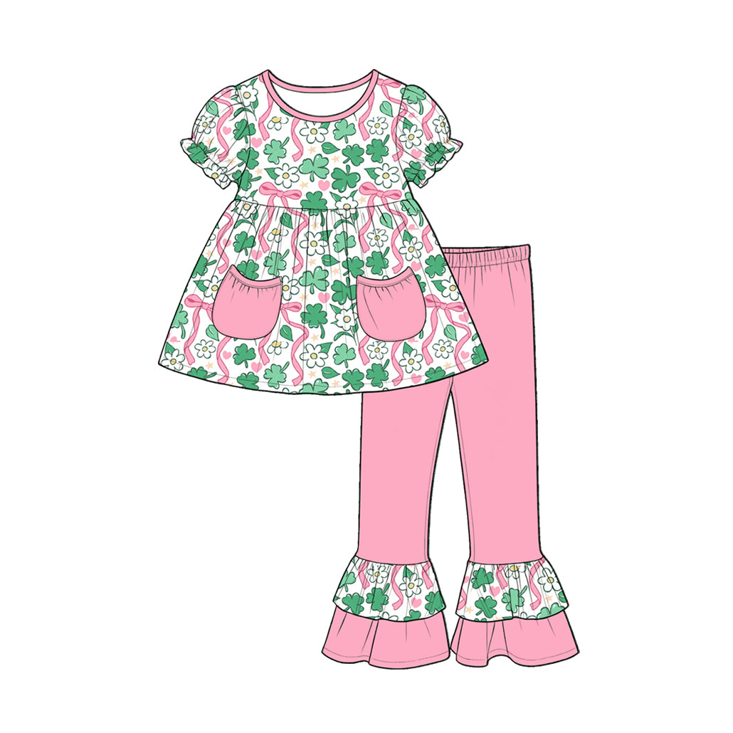 Preorder (moq 5) Baby Girl Clothes Clover Pink Bow Daisy Heart Print Short Sleeve Tunic Top Ruffle Flare Pant Set