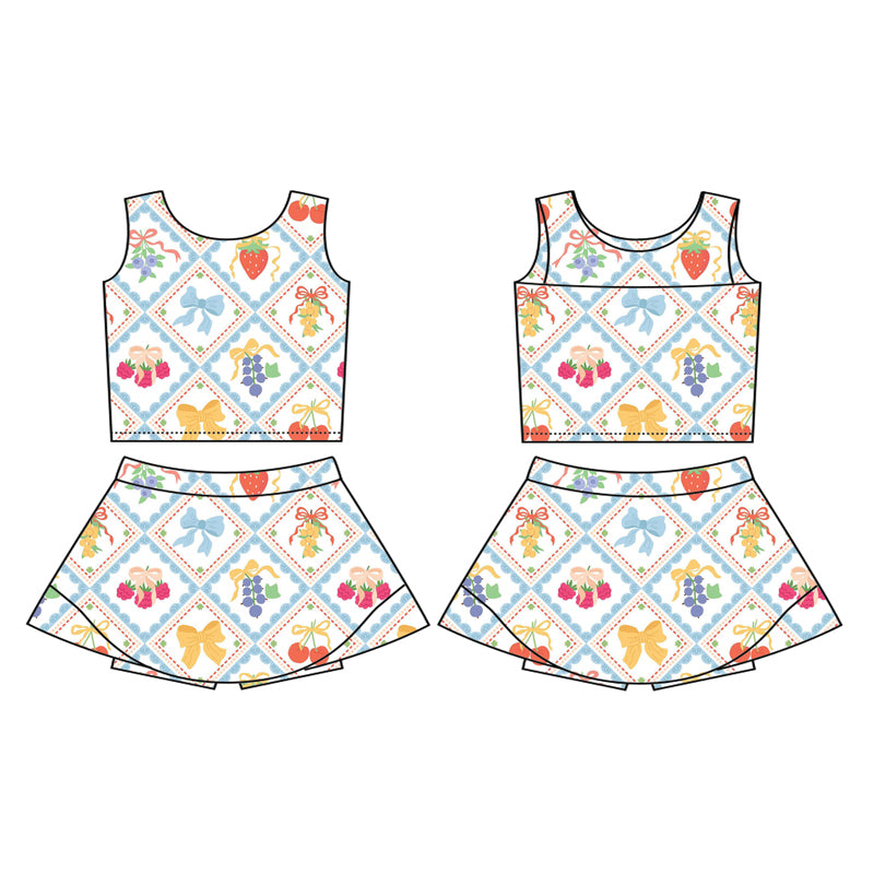 Preorder (moq 5)Baby Girls Sleeveless Bows Strawberry Plaid Top Skort Yoga Active Set