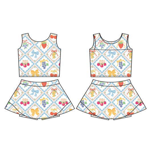Preorder (moq 5)Baby Girls Sleeveless Bows Strawberry Plaid Top Skort Yoga Active Set