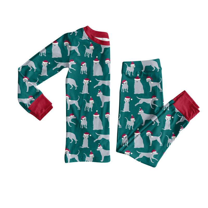 Preorder (moq 20)Baby Boys Bamboo Dark Green Hats Dogs Christmas Pajamas Sets