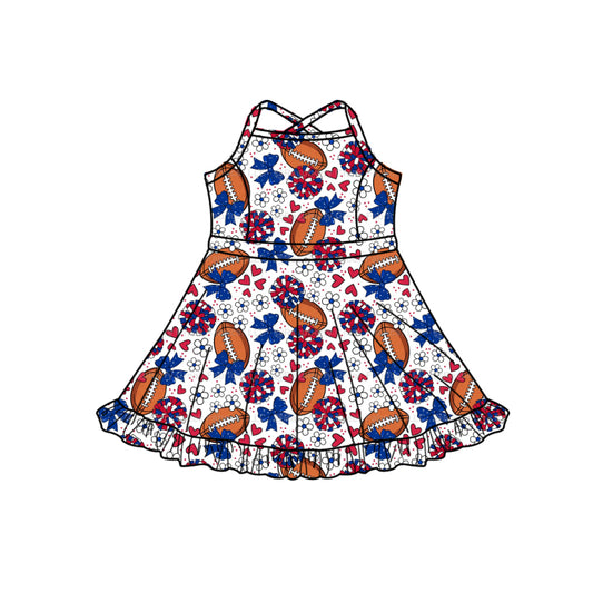 Preorder (moq 5)Baby Girls Strap Hot Blue Bow Footballs Team Shorts Ruffle Knee Length Dress