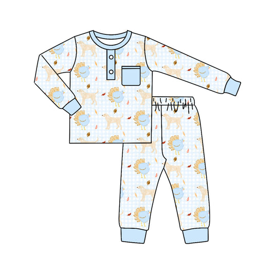 Preorder (moq 5)Baby Boys Dog Footballs Button Pocket Top Pants Fall Pajamas Set