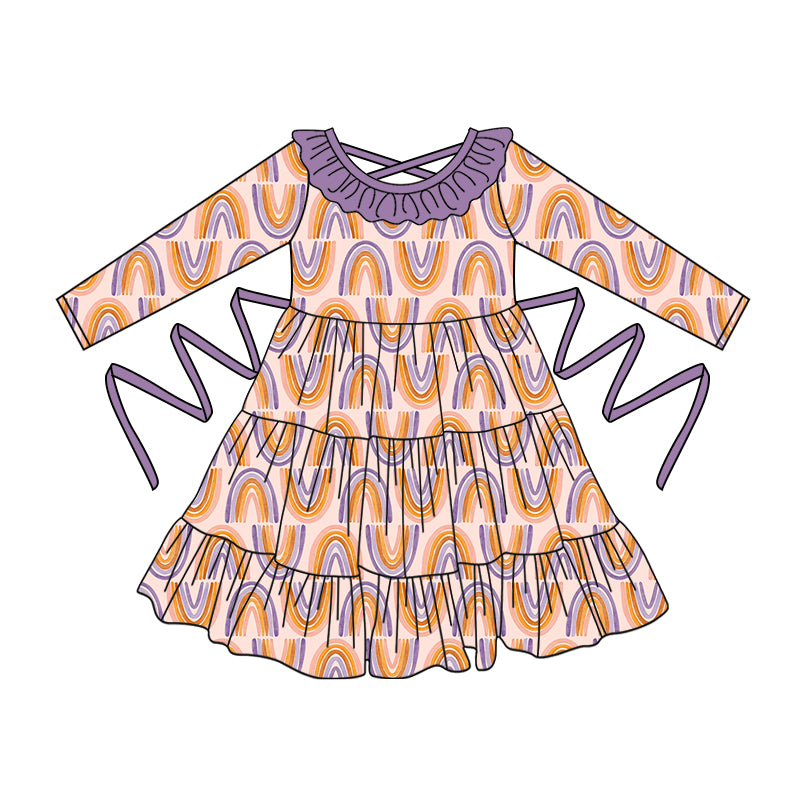 Preorder moq 5 Baby Girls Long Sleeves Colorful Rainbows With Belt Ruffle Knee Length Dresses