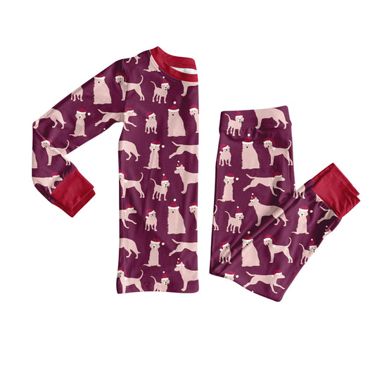 Preorder (moq 20)Baby Girls Bamboo Dark Red Hats Dogs Christmas Pajamas Sets