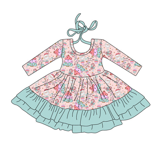 Preorder (moq 5)Baby Girls Long Sleeves Christmas Trees Santa Ruffle Knee Length Dresses